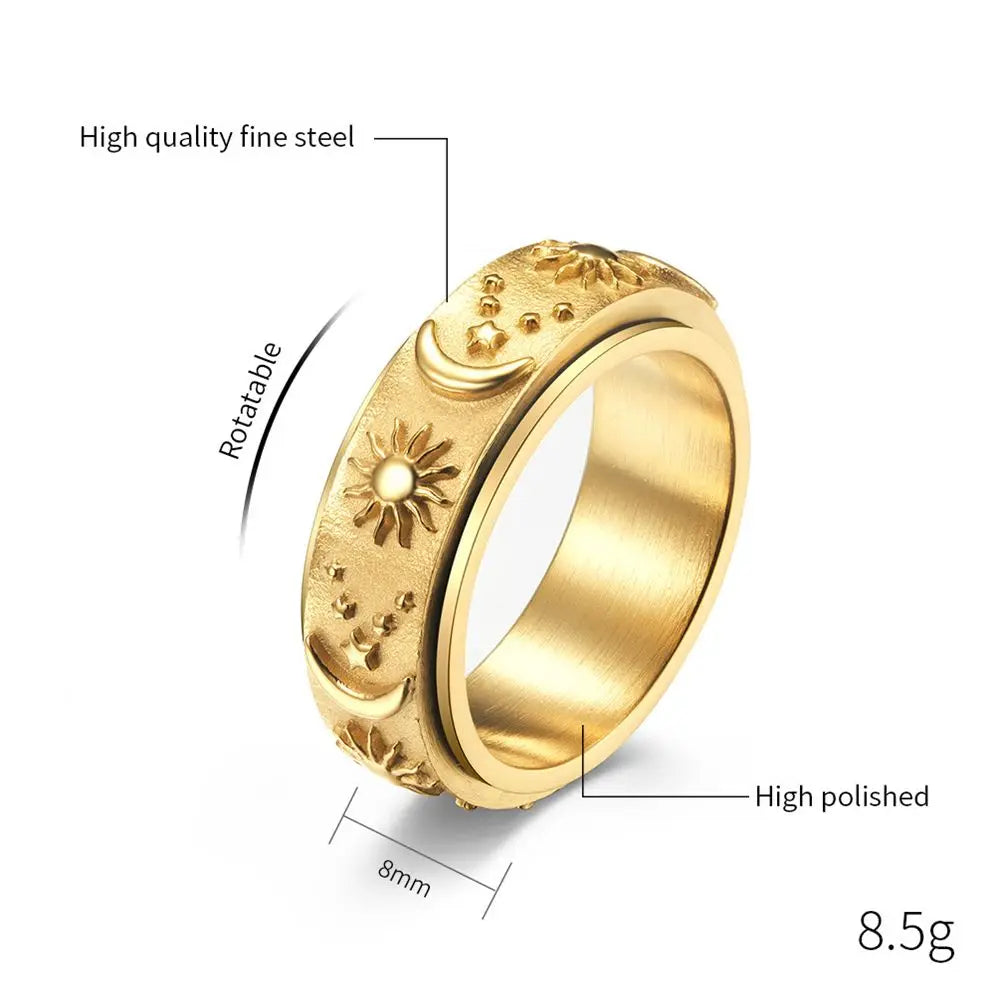 Women Spinner Titanium Steel Anti Stress Star Moon Freely Spinning Spinner Fidgets Rings Punk Anxiety Rings Rotatable